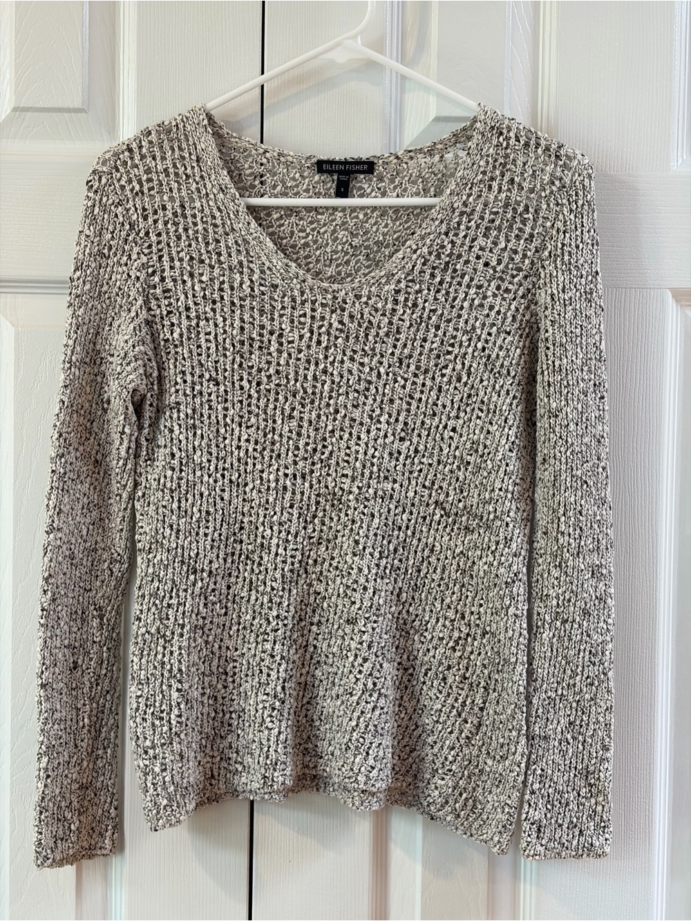 Eileen Fisher Black and White Marled Open Knit Cotton V-Neck Sweater Size S